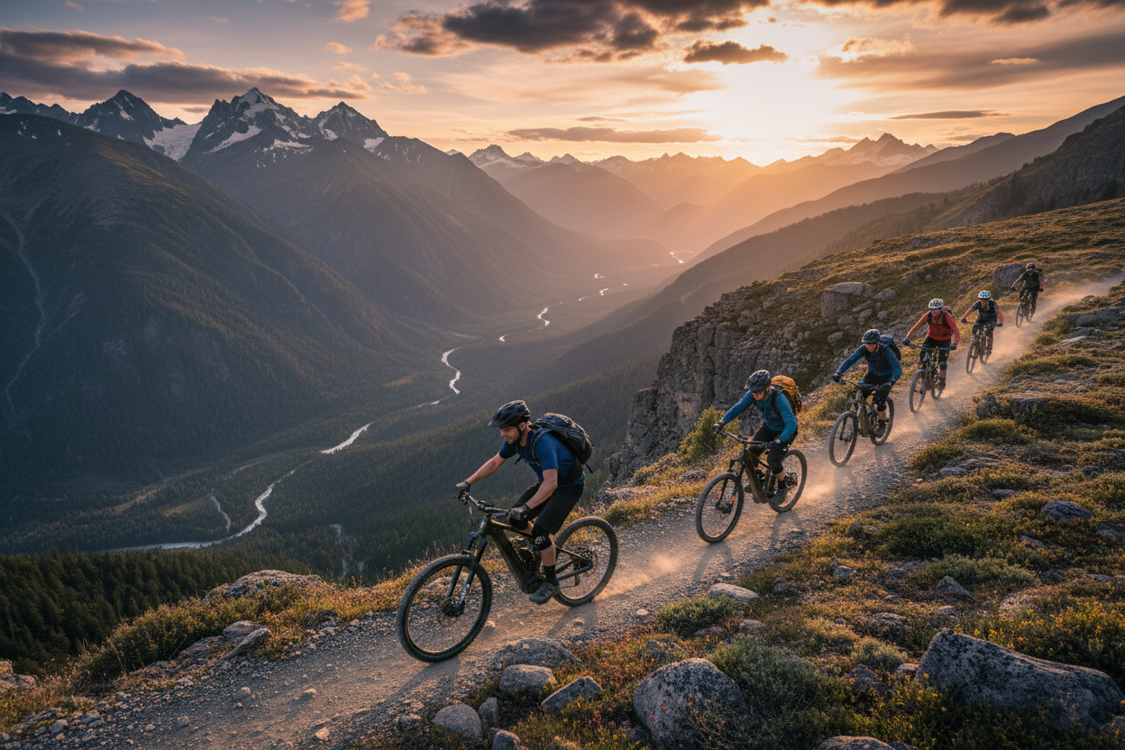 People riding e-bikes with a scenic view